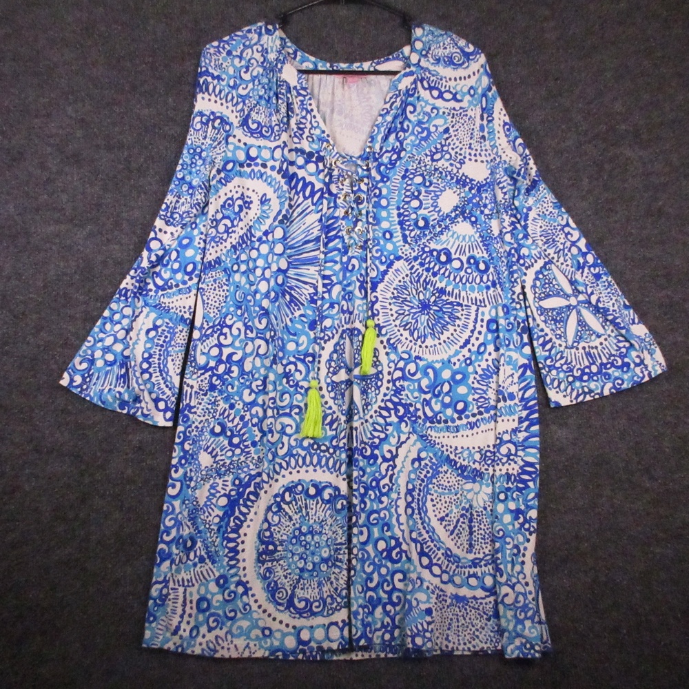 Lilly Pulitzer Dress Womens Small Blue Geometric Tassel 3/4 Bell Sleeve Shift